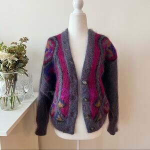 Vintage Art to Wear Mohair Blend Chunky Abstract Knit Cardigan Sweater